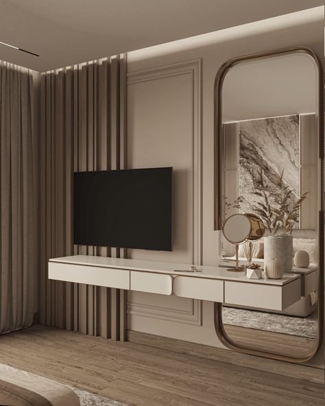 Master Bedroom :: Behance Tv Unit Panelling, Tv Ideas For Bedroom, Bedroom With Tv On Wall, Makeup Table Design, Bed Rooms Design Modern Luxury, Bedroom Tv Unit Design, Tv Unit Bedroom, Bedroom Behance, Materials Board Interior Design