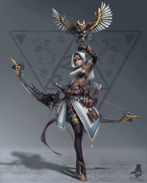 Egyptian Character Design, Egyptian Warrior, Archer Characters, Evelynn League Of Legends, Anime Egyptian, Female Character Concept, Bow And Arrow, Game Character Design, Cyberpunk Art