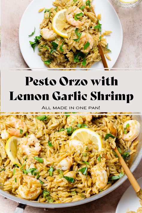 Try this One Pan Pesto Orzo with Lemon Garlic Shrimp for dinner this week! It's all made in one pan which makes the process SO easy! Orzo is a fun pasta that keeps its shape after cooking. You can also use arborio rice to keep this dish gluten-free. This dish is restaurant-worthy and the perfect dinner for spring or summer. It can be served both hot and cold. B12 Recipes, Lemon Pesto Orzo, Orzo Recipes Healthy, Shrimp For Dinner, Easy Orzo, Gluten Free Orzo, Pesto Rice, Pesto Orzo, Shrimp Orzo