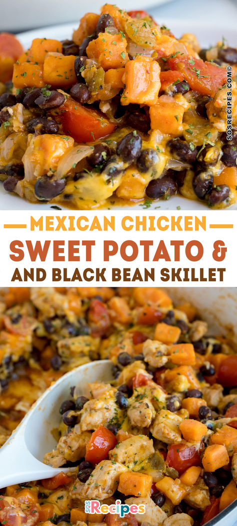 This Mexican “hash” recipe is full of nutrient-dense food like chicken, sweet potatoes, and black beans. Ingredients like salsa, green chiles, cilantro, cumin, and oregano make it Mexican-style. #MexicanChicken #SweetPotato #HealthyDinner #OnePanMeals #EasyRecipes Sweet Potato And Chicken Recipes, Chicken Sweet Potato Recipes, Chicken And Sweet Potato Recipe, Black Bean Skillet, Sweet Potatoes And Black Beans, Sweet Potato And Chicken, Chicken Sweet Potatoes, Chicken And Sweet Potato, Sweet Potato And Black Bean