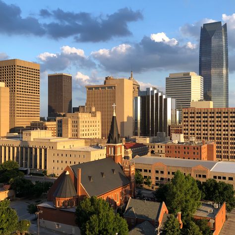 OKC skyline on a summer day Okc Skyline, Homecoming 2024, Downtown Oklahoma City, Room Collage, Urban Aesthetic, City Aesthetic, Oklahoma City, Summer Day, San Francisco Skyline