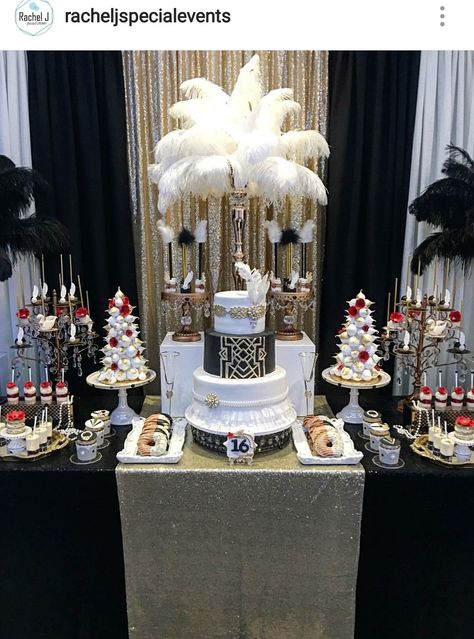 Gatsby Theme Birthday Party Dessert Table and Decor Harlem Nights Theme Party, Gatsby Wedding Decorations, Harlem Nights Party, Roaring 20s Birthday Party, Harlem Nights Theme, Birthday Party Dessert Table, Gatsby Birthday Party, Gatsby Party Decorations, Great Gatsby Themed Party