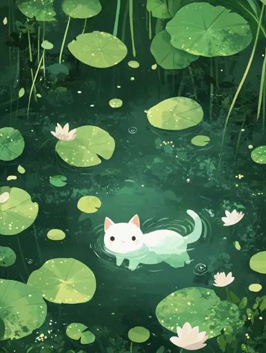 ↑↑↑ Larger size on website 🔸 A white cat swims in a pond filled with large green lily pads. The water is calm and the cat's white Cat Swimming Illustration, Lily Pond Illustration, Pond Illustration, Cat Swimming, Green Lily, Cat Illustrations, Lily Pond, A Pond, Whimsical Fashion