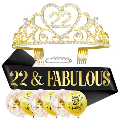 PRICES MAY VARY. 🎂【GIFT FOR WOMEN BIRTHDAY PARTY】This kit includes 1pcs Rhinestone Birthday Tiara Crown, 1pcs Satin Birthday Sash with Foil Gold Lettering "22 & FABULOUS", suitable for most women to wear. All these birthday accessories are packed in a box. It’s a great birthday gift for Women 22nd birthday party favors supplies. 🎂【RHINESTONE CROWN】Sparkle Rhinestone Crown, The tiara has been designed using decorative rhinestones and number 22 to complete the classic princess look! Perfect for Birthday Celebrations or a great birthday gift! it will make you AMAZING and being the center of attention wherever you are! 🎂【BIRTHDAY SASH】The birthday Sash made from smooth satin, soft and smooth to touch with Gold Lettering "22 & FABULOUS". the size is 33.5 inches length and 3.7 inches wide, on Birthday Sashes, 22nd Birthday Party, 60th Birthday Balloons, 30th Birthday Balloons, 80th Birthday Party Decorations, 30th Birthday Decorations, Birthday Tiara, Birthday Sash, Number 22