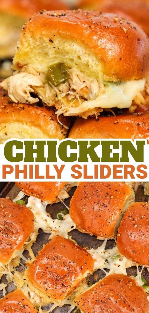 Sliders Display Ideas, Chicken Thigh Sliders, Chicken Sandwich Sliders, Chicken Philly Sliders, Hot Sliders Sandwiches, Ground Chicken Sliders, Chicken Sliders Recipes Kings Hawaiian, Philly Sliders, Shredded Chicken Sliders