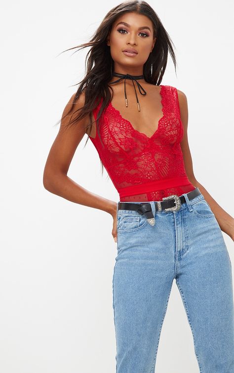 Image Red Lace Bodysuit Outfit, Bodysuit Outfit Casual, Mesh Bodysuit Outfit, Red Bodysuit Outfit, Red Mesh Top, Lace Bodysuit Outfit, Red Lace Bodysuit, Corset Styles, Bodysuit Outfit