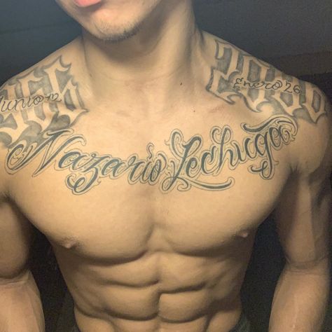 Chest Text Tattoo, Chest Name Tattoo Men, Chest And Stomach Tattoos Men, Chest Text Tattoo Men, Chest Writing Tattoos Men, Text Tattoo Chest For Men, Chest Writing Tattoo, Last Name Back Tattoos For Men, Chest Tattoo Text