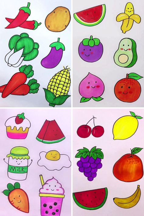 Fruits and Vegetables Drawings | Easy Fruits and Vegetables Drawing for Kids :) | By Parenting | Facebook | Hello friends, welcome to our Facebook page. Fruits are composed of many important vitamins and minerals that are important for the human body. We can take fruits raw or in the form of juices. During summers we love to have those fruits which are rich in water like watermelons, oranges, grapes et cetera. After that you have to colour them properly. Then take a black sketch pen and draw the Easy Fruits Drawing For Kids, Healthy Food Drawing For Kids, Grapes Drawing For Kids, Drawing Fruits For Kids, Vegetable Drawing For Kids, Fruits Drawing Easy, Vegetables Drawing For Kids, Fruits Drawing For Kids, Veggie Drawings