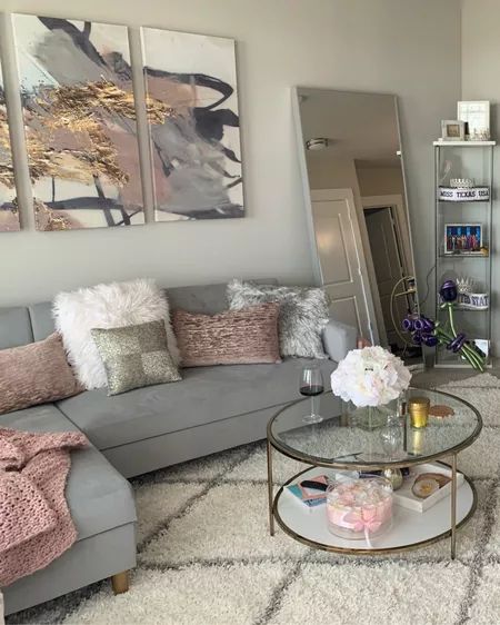 Cute Small Living Room Ideas Apartment, Rose Gold And Grey Living Room, Girl Apartment Decor Living Room Modern, Pink Grey And Black Living Room, Pink Grey White Gold Living Room, Cute Living Room Themes, Light Gray And Pink Living Room, Cute Home Ideas Living Room, Small Pink Living Room Ideas