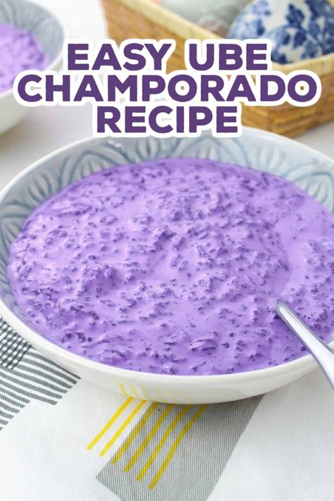 Ube Champorado Filipino Recipe, Ube Kalamay Recipe, Ube Champorado Recipe, Champorado Filipino Recipe, Ube Condensed Milk Recipe, Ube Champorado, Ube Biko, Kalamay Recipe, Champorado Recipe