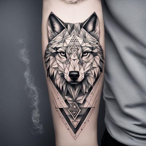 Wolf with Sacred Geometry tattoo Tattoo Geometric Design, Men's Tattoo Ideas, Ship Tattoo Sleeves, Viking Compass Tattoo, Clock Tattoo Sleeve, Geometric Wolf Tattoo, Abstract Wolf, Men's Tattoo, Ouroboros Tattoo