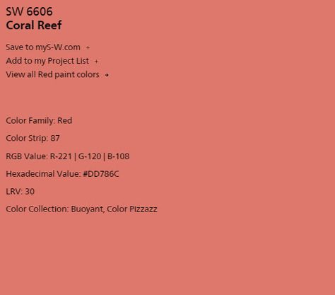 sherwin-williams-coral-reef-6066 Beach House Colors, Red Paint Colors, House Paint Interior, Coastal Modern, Project List, Red Paint, Coral Reef, Color Collection, Sherwin Williams