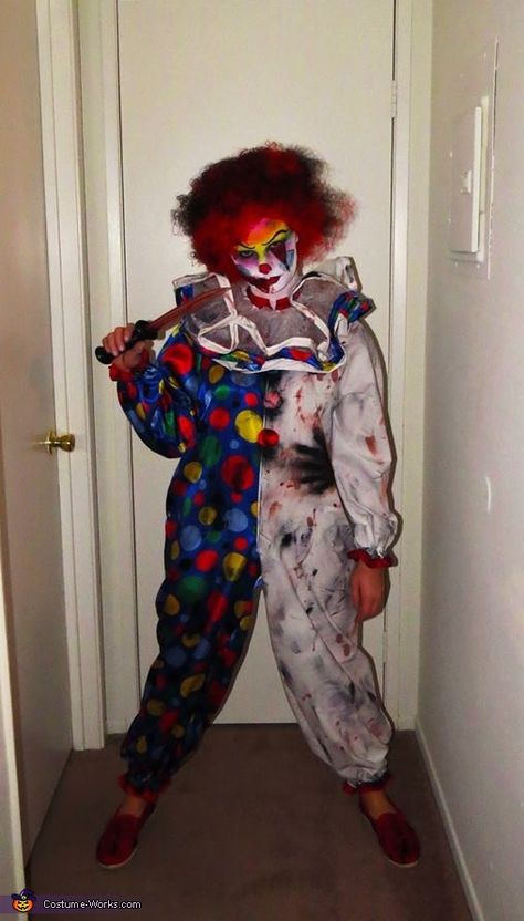 Pamela: Decided to be a 'Creepy Clown' this year. I got all of my materials from Hancock Fabrics and made a standard jumpsuit with contrasting white & multi color spotted halves.... Clown Costume Diy Scary, Clown Costume Scary, Diy Scary Clown Costume Men, Diy Killer Clown Costume, Kids Scary Clown Costume, Creepy Clown Costume Women, Scary Clown Costume Women, Creepy Clown Costume, Scary Clown Outfit