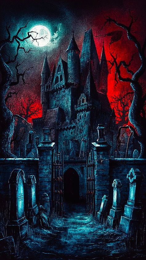 Vampire Castle Tattoo, Eerie Landscape, Goth Architecture, Gothic Landscape, Cemetery Gates, Vampire Castle, Halloween Dollhouse, Diy Canvas Art Easy, Castle Tattoo