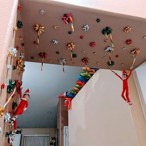 Elf On The Shelf Just Hanging Around, Elf On Ceiling, Elf Hanging From Ceiling, Ceiling Fan Elf On The Shelf, Elf Last Day Ideas Christmas Eve, Elf Ideas Funny, Diy Elf On The Shelf, Elf Diy, Diy Elf