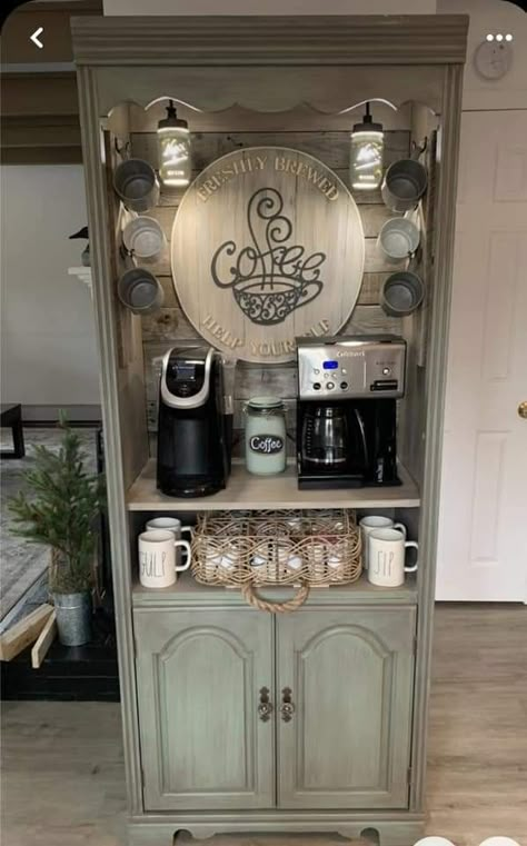 How To Build Coffee Bar, Farmhouse Coffee Station Ideas, Coffee Nook Cabinet, Coffee Hutch Diy, Coffee Bar From Hutch, Hutch Coffee Bar Ideas, Mini Coffee Bar Small Spaces, Coffee And Wine Bar Ideas, Kaffe Station