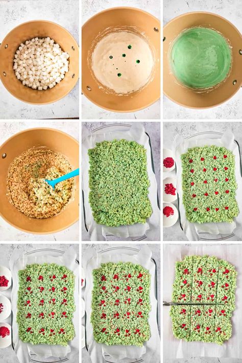 Grinch Rice Krispies Treats  - A Crazy Family Grinch Rice Krispie Treats, Grinch Rice Crispy Treats, Grinch Movie Night Food, Green Rice Krispie Treats, Christmas Rice Krispie Treats, Grinch Food, Chocolate Nuts Clusters, Rice Krispie Treats Christmas, Oreo Cheesecake Bites