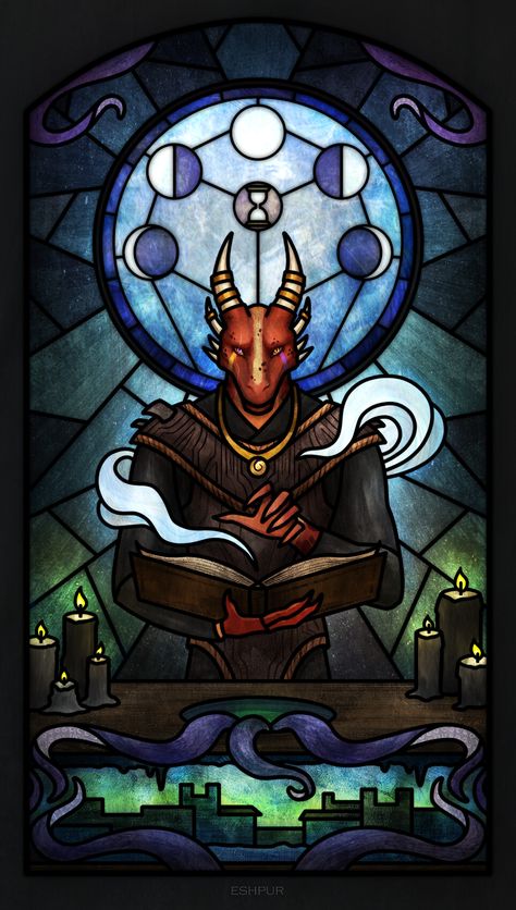 ArtStation - stained glass arts Stained Glass Art Character, Stained Glass Dragon, Dnd Stained Glass Art, Stained Glass Tarot Cards, Horror Stained Glass Pattern, Horror Stained Glass Art, Stained Glass Tarot, Mtg Stained Glass Art, D D Races