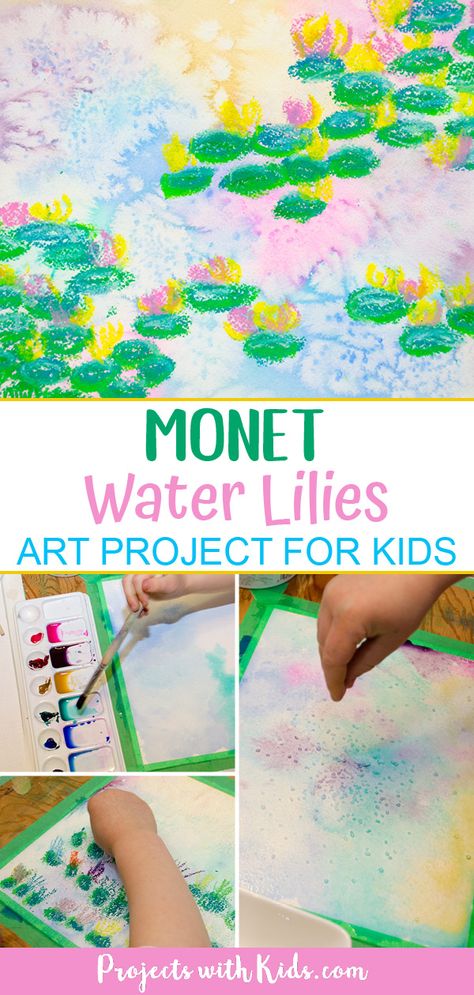 Create beautiful and colorful paintings inspired by the famous artist Claude Monet. Explore easy watercolor techniques and oil pastels in this Monet inspired water lilies art project for kids. #projectswithkids #watercolorpainting #kidsart Famous Artists For Kids, Water Lilies Art, Famous Artists Paintings, Monet Inspired, Art Project For Kids, Monet Water Lilies, Monet Art, Kids Watercolor, Project For Kids