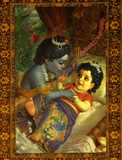 Śrimati Radhika & Baby Krsna "As soon as baby Radhika smelt the exotic fragrance of Krishna’s transcendental body, She immediately opened Her eyes for the very first time, and looked directly at Krishna, who was the first person that She had ever seen" Narada Muni, Lord Brahma, Srimati Radharani, Krishna And Radha, Iskcon Krishna, Birth Celebration, Krishna Hindu, Shiva Parvati Images, Little Krishna