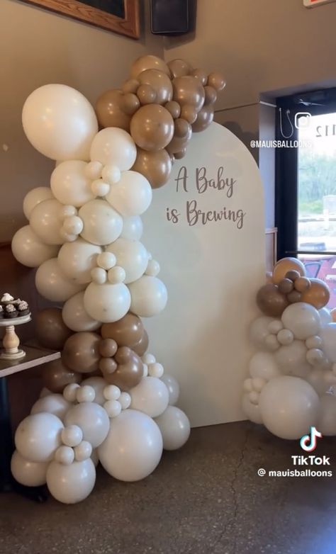 Coffee Themed Balloon Arch, Coffee Gender Reveal Ideas, A Baby Is Brewing Baby Shower Ideas Fall, Coffee Theme Gender Reveal, Cafe Baby Shower Ideas, A Baby Is Brewing Coffee Theme, Baby Brewing Coffee Shower Ideas, Starbucks Baby Shower Ideas, Coffee Bean Baby Shower Ideas