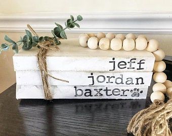 Etsy :: Your place to buy and sell all things handmade White Bookshelf Decor, Farmhouse Book Stack, White Bookshelf, Stamped Books, Farmhouse Books, Tray Ideas, New Baby Announcements, Wood Book, Book Stamp