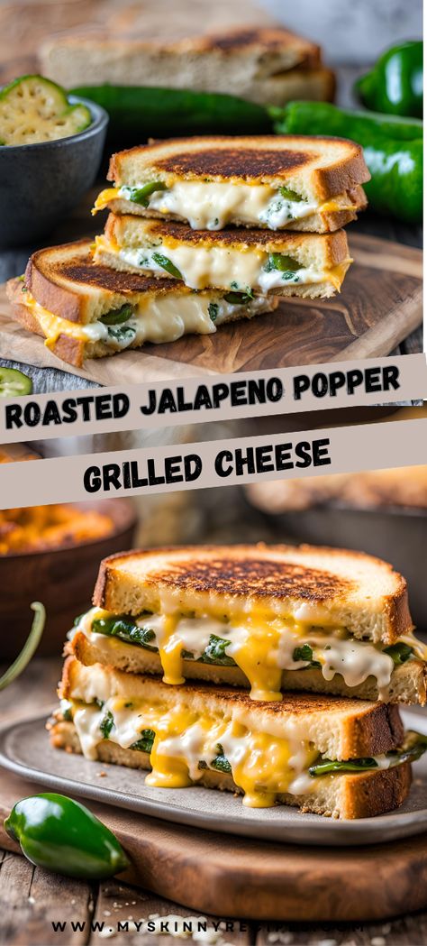 🌶🧀 Roasted Jalapeño Popper Grilled Cheese—a spicy, creamy twist on classic grilled cheese! Roasted jalapeños, cream cheese, cheddar, and mozzarella are sandwiched between crispy, golden bread. Perfect for those who like a little heat! #JalapenoPopperGrilledCheese #SpicyFood #GrilledCheeseRecipe #ComfortFood #CheeseLovers  🔥🥪 Grilled Cheese And Soup Recipes, Jalapeno Grilled Cheese Sandwich, Jalapeño Grilled Cheese, Sweet Grilled Cheese, Unique Grilled Cheese Recipes, 3 Cheese Grilled Cheese, Grilled Cheese Air Fryer, Jalapeños Poppers, Roasted Jalapeños