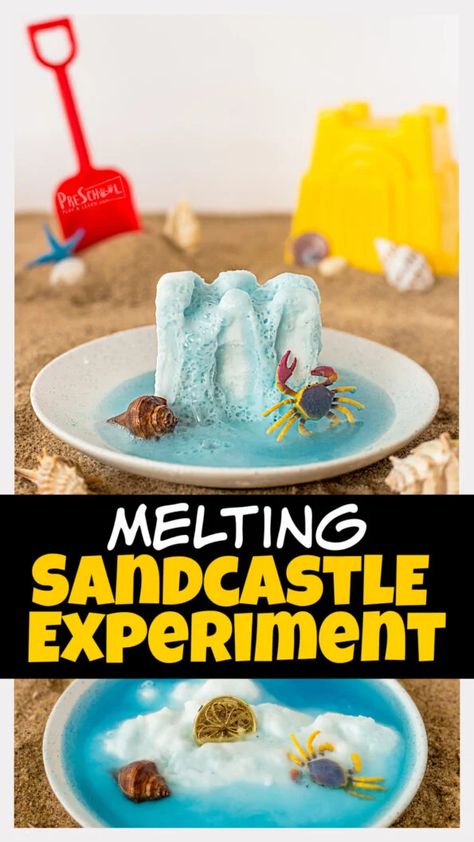 Just because it's summertime doesn't mean the learning has to stop. In fact, now is the time to incorporate lots of fun, engaging summer activities for kids! This sandcastle activities allow toddler, preschool, pre-k, kindergarten, first grade, and 2nd graders to learn some summer science. Include this baking soda and vinegar experiment in your upcoming beach theme for an outrageoulsy fun kids activity. Fun Summer Daycare Activities, Summer Time Activities For Preschoolers, Preschool Summer Science Activities, Beach Ball Activities For Preschool, Beach Stem Activities For Kids, Preschool Sand Activities, Beach Homeschool Ideas, Sandcastle Art Preschool, Beach Experiments For Kids