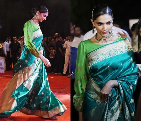 Deepika Padukone in Green Silk Saree Deepika Padukone In Saree, Bright Green Blouse, Deepika Padukone Saree, Green Silk Saree, South Indian Silk Saree, Keep Me Stylish, Kanjivaram Sarees Silk, Kanjivaram Saree, Indian Silk Sarees