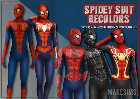 Spidey Suit Recolors | Mal on Patreon Ts4 Cc Spiderman Suit, Spiderman Suit Sims 4 Cc, Ts4 Spiderman Cc, Captain America Outfit, Spider Man Game, Spiderman Poses, Los Sims 4 Mods, Toni Stark, Red And Black Outfits