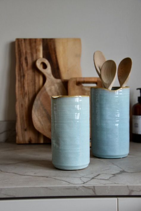 Dusky Blue Ceramic Vase, Utensil Pot, Artisan Style, Handmade Unique, Kitchen Vase, House Warming, Present, Christmas, Rustic, Speckle - Etsy UK Pastel Kitchen Utensils, Colourful Kitchen Accessories, Ceramic Lamp Base Handmade, Cool Pottery Ideas, Ceramic Salt Dish, Kitchen Vase, Hand Built Ceramics, Kitchen Ceramics, Blue Kitchen Accessories