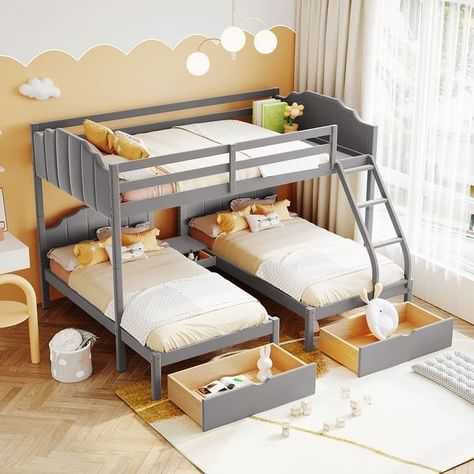 Full Over Twin & Twin Bunk Bed, Velvet Triple Bunk Bed with Drawers and Guardrails, Grey - On Sale - Bed Bath & Beyond - 39468584 Triple Bed, Bunk Bed With Drawers, Triple Bunk Beds, Triple Bunk Bed, Triple Bunk, Twin Over Full Bunk Bed, Bunk Beds With Drawers, Wooden Bunk Beds, Two Twin Beds