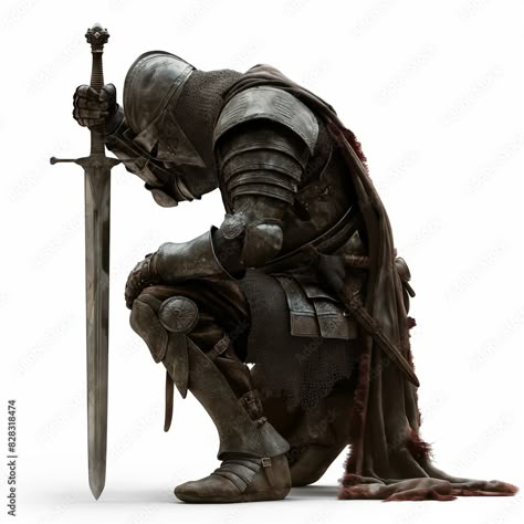 Knight Statue Fantasy Art, Knights Pose Reference, Kneeled Down Pose, Knight Photo Reference, Knight Kneeling Pose, Knight Poses Reference, Dynamic Knight Pose, Knight Holding Helmet, Mage Pose Reference Male