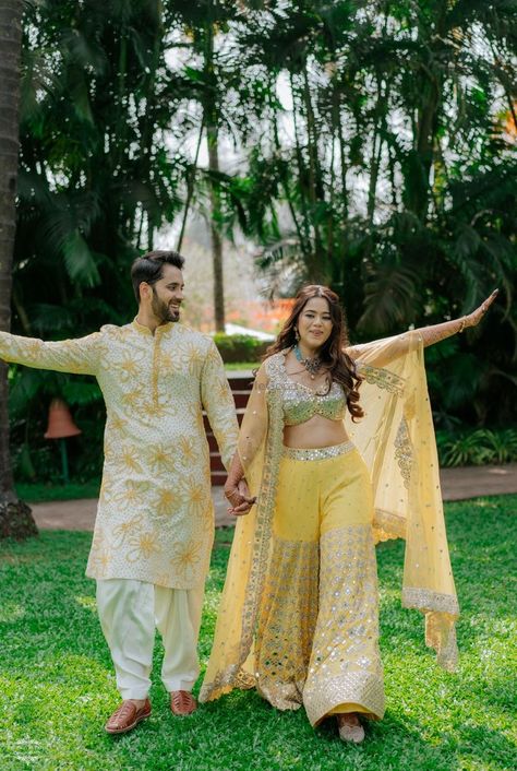 Photo from Abha and Aditya Wedding Haldi Couple Outfits, Haldi Brides, Haldi Couple, Haldi Outfits For Bride, Haldi Outfit For Bride, Couple Dresses, Wedding Matching Outfits, Ceremony Outfit, Bridal Entry