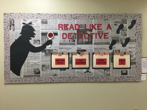 Detective Bulletin Board for school Detective Bulletin Board, Bulletin Board For School, Detective Themed Classroom, Mystery Unit, Pulp Fiction Comics, Detective Theme, Library Bulletin Board, Mission Possible, Detective Books