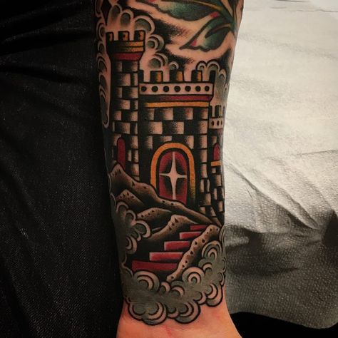 Tattoo uploaded by Tattoodo | Castle tattoo by Paul Dobleman #PaulDobleman #architecturetattoos #color #traditional #castle #building #tower #clouds #coincloud #star #mountain #medieval #stairway #stairs #tattoooftheday | 485405 | Tattoodo Castle Sleeve Tattoo, Paul Dobleman, Traditional Tattoo Arm, Building Tattoo, Tattoo Sleeve Filler, Traditional Tattoo Old School, Castle Tattoo, Medieval Tattoo, Knight Tattoo