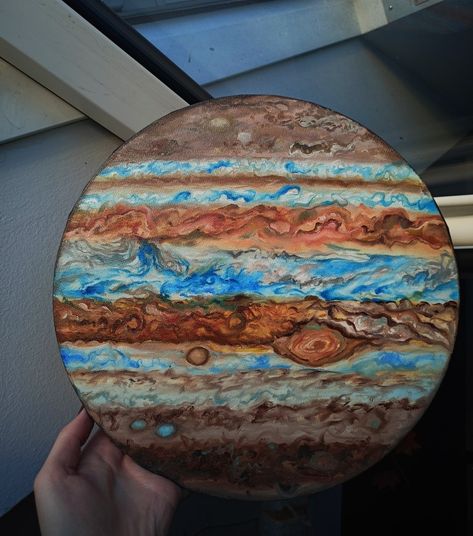 Oil on canvas Jupiter painting Ig: podmechem Planet Painting Circle Canvas, Jupiter Painting Acrylic, Jupiter Painting Easy, Jupiter Painting, Jupiter Drawing, Planets Painting, Planets Drawing, Earth Painting, Vinyl Art Paint