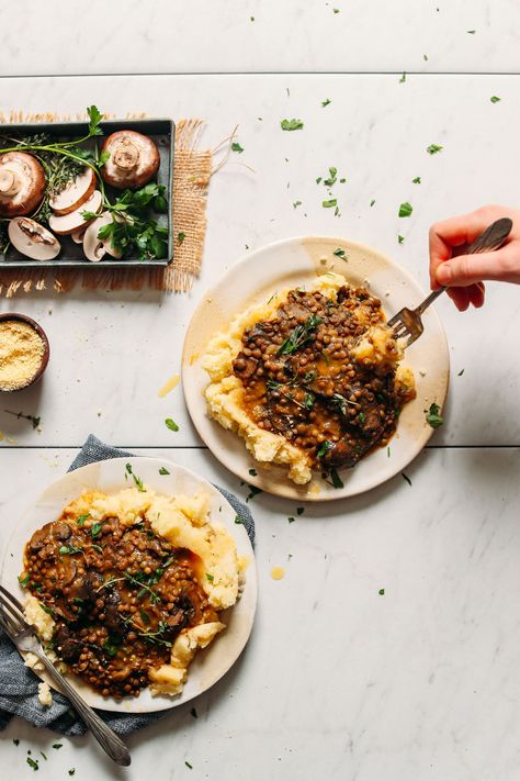 DELICIOUS Lentil Mushroom Stew Over Mashed Potatoes! BIG flavor, 10 ingredients, SUPER hearty #vegan #glutenfree #potatoes #lentils #plantbased #minimalistbaker Lentil Stew Over Mashed Potatoes, Lentils And Mashed Potatoes, Stew Over Mashed Potatoes, Lentil Mushroom Stew, Mushroom Lentil Stew, Lentil Mushroom, Over Mashed Potatoes, Mashed Potato Casserole, Mushroom Stew