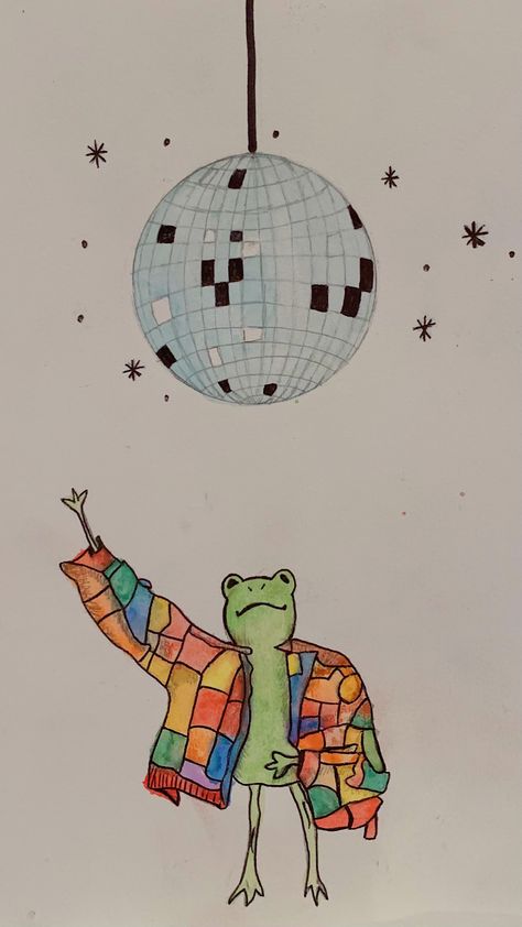 frog wearing the harry styles cardigan under a disco ball Watercolor Harry Styles, Watercolor Poster Ideas, Drawing Disco Ball, Diy Card Watercolor, Retro Watercolor Art, Birthday Frog Drawing, Watercolor Doodles Journaling, Frog Art Wallpaper, Disco Ball Quotes