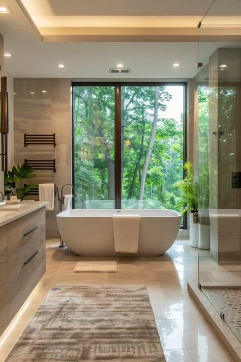 Bathtub In Window, Japanese Wet Room, Luxe Bathroom Design, Bathtub With View, Bathroom With Large Window, Bathtub View, Bathrooms Luxury Modern, Bathtub Window, Corner Freestanding Bathtub