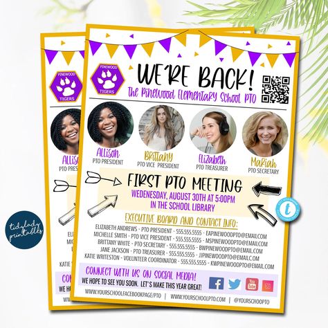 introducing ptsa board members - Google Search Pto Flyer Template Free, Pta Templates Free Printable, Pta Social Media Posts, Pto Back To School For Teachers, Pto Flyers Join, Pto Back To School Event, Pta Trifold Board, Join Pta Flyer, Pto Board Introduction