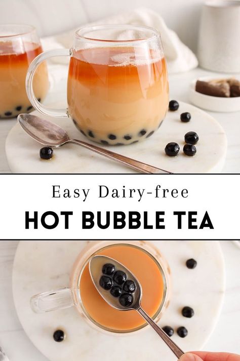 View on a mug of hot bubble tea. Milk Tea Boba, Bubble Tea Recipe, Sweet Savory Recipes, Milk Tea Recipes, Vegan Summer Recipes, Fall Vegan Recipes, Lactose Free Milk, Bubble Milk Tea, Vegan Drinks