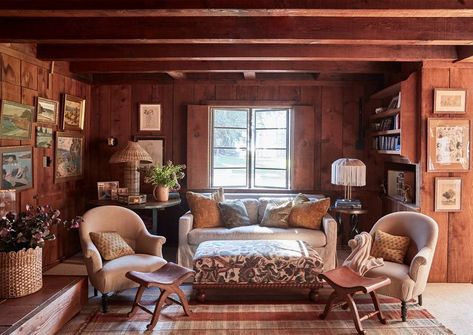 Emily Ward, Wood Paneling Living Room, What Is Interior Design, Cabin Interiors, Comfortable Furniture, Kitchen Models, California Homes, A Living Room, Cozy Living Rooms