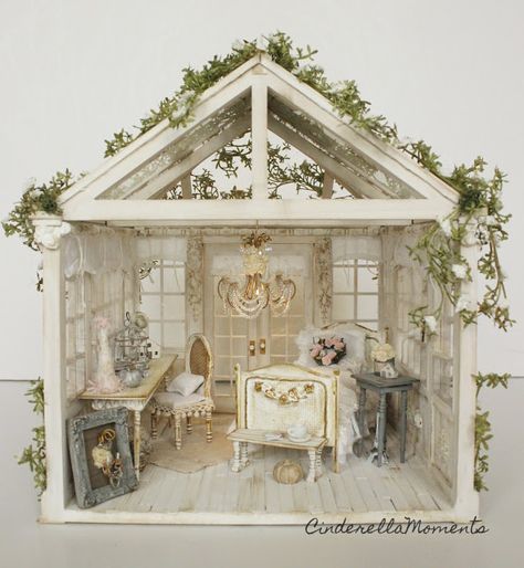 Cinderella Moments: My Little Piece of Heaven Conservatory Dollhouse Haunted House Walls, Country Conservatory, Diy Haunted House, Bed Tables, Room Box Miniatures, Cinderella Moments, Ruffle Pillow, Handmade Bed, Dolls House Interiors