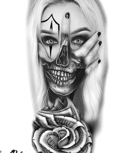 Dólar #tattooideas #skulltattoos Half Arm Sleeve, Chicano Tattoos Sleeve, Arm Sleeve Tattoos For Women, Catrina Tattoo, Skull Hand Tattoo, Skull Girl Tattoo, Skeleton Tattoo, Skull Sleeve Tattoos, Girl Face Tattoo