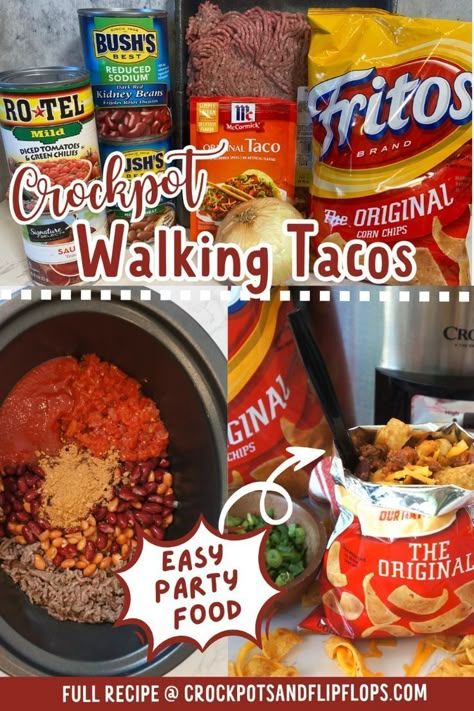 This Crockpot walking taco recipe from Crock Pots And Flip Flops is a delicious lunch or dinner option! This easy slow cooker meal is layered with Fritos chips and toppings like cheese, sour cream, and green onions to make an out-of-this-world Mexican casserole. This family-friendly ground beef walking-taco recipe is perfect for any occasion and makes dinner time quick and easy! Try it today! Recipe With Fritos, Easy Slow Cooker Meal, Frito Recipe, Walking Tacos Recipe, Walking Taco Casserole, Ground Beef Beans, Walking Taco, Crockpot Dinner Recipes, Slow Cooker Meal