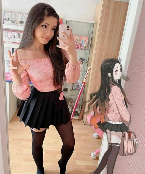 Nezuko Outfit Inspired, Diy Nezuko Costume, Nezuko Rave Outfit, Barbie Fashion Inspired Outfit, Nezuko Outfit Ideas, Nezuko Cosplay Outfit, Nezuko As A Human, Nezuko Inspired Outfit, Nezuko Outfit