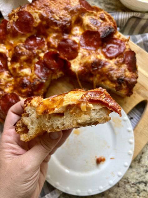 Sourdough Focaccia Pizza - Non Bread Sourdough Recipes, Food With Sourdough Bread, Sourdough Discard Focaccia Recipes, Jelly Donut Focaccia, Fruit Focaccia Bread, Sourdough Pizza Foccacia Recipe, Sourdough Foccacia Bread Pizza, Pepperoni Mozzarella Sourdough Bread, Sourdough Sheet Pan Pizza