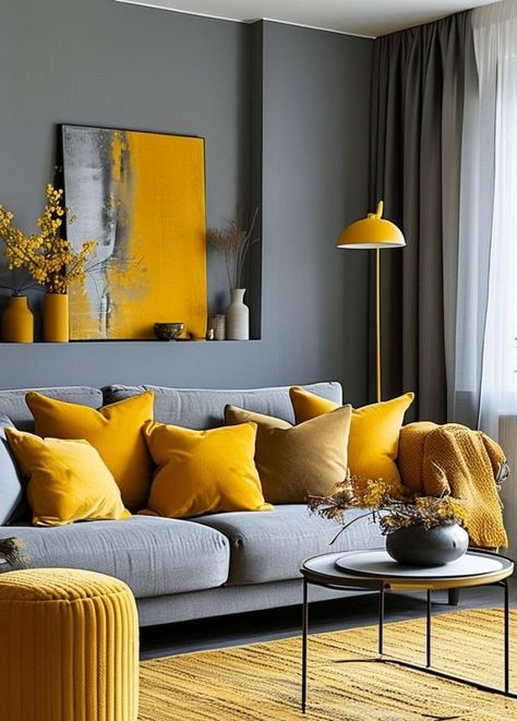 35 Stunning Yellow and Gray Living Room Ideas to Brighten Your Space 67 Grey And Mustard Living Room, Grey Themed Living Room, Gray And Yellow Living Room, Modern Italian Home, Gray Living Room Ideas, Mustard Living Rooms, Grey And Yellow Living Room, Simple Couch, Gray Living Room