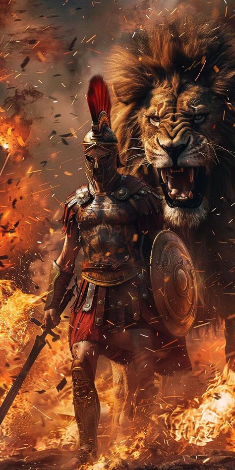 Sparta Warrior, Fire Warrior, Spartan Tattoo, Roman Warriors, Warrior Concept Art, Lions Photos, Warriors Wallpaper, Greek Warrior, Lion Wallpaper